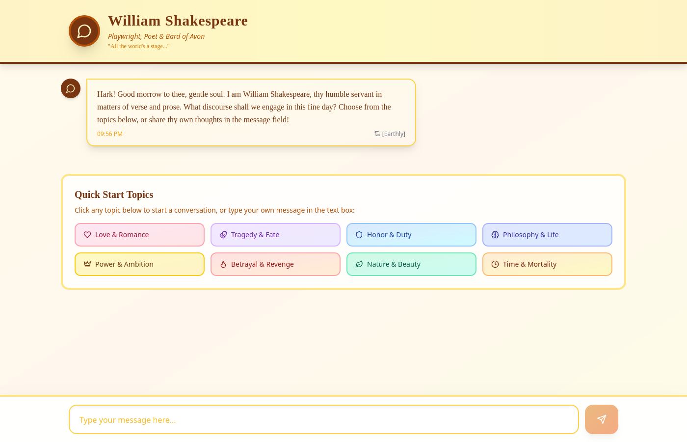 The landing screen, with the opening line and quick-start topics