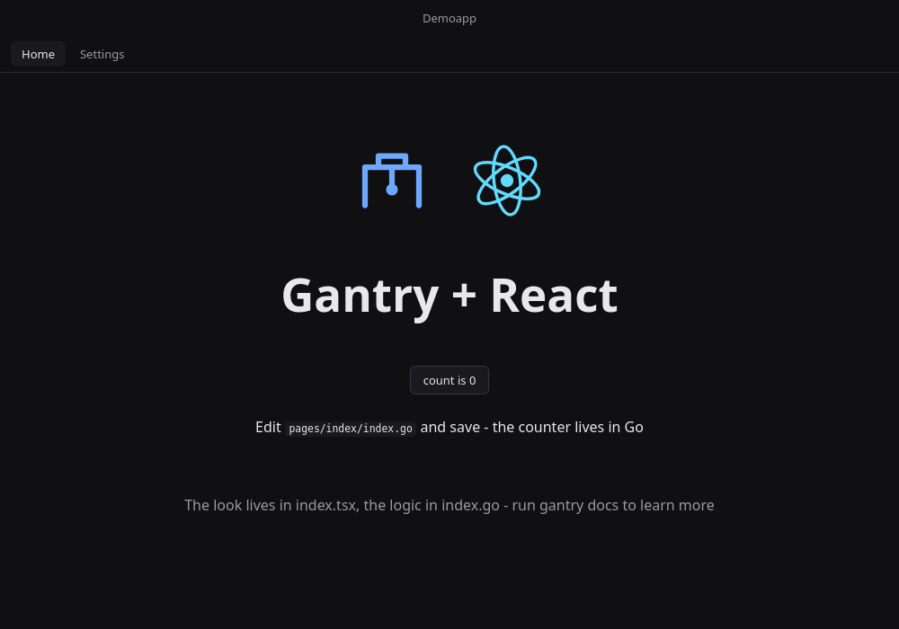 What gantry new --tea gives you. The counter's state and logic are in Go and React only draws the tree Go sends. Taken in a browser tab, so the window buttons are hidden.