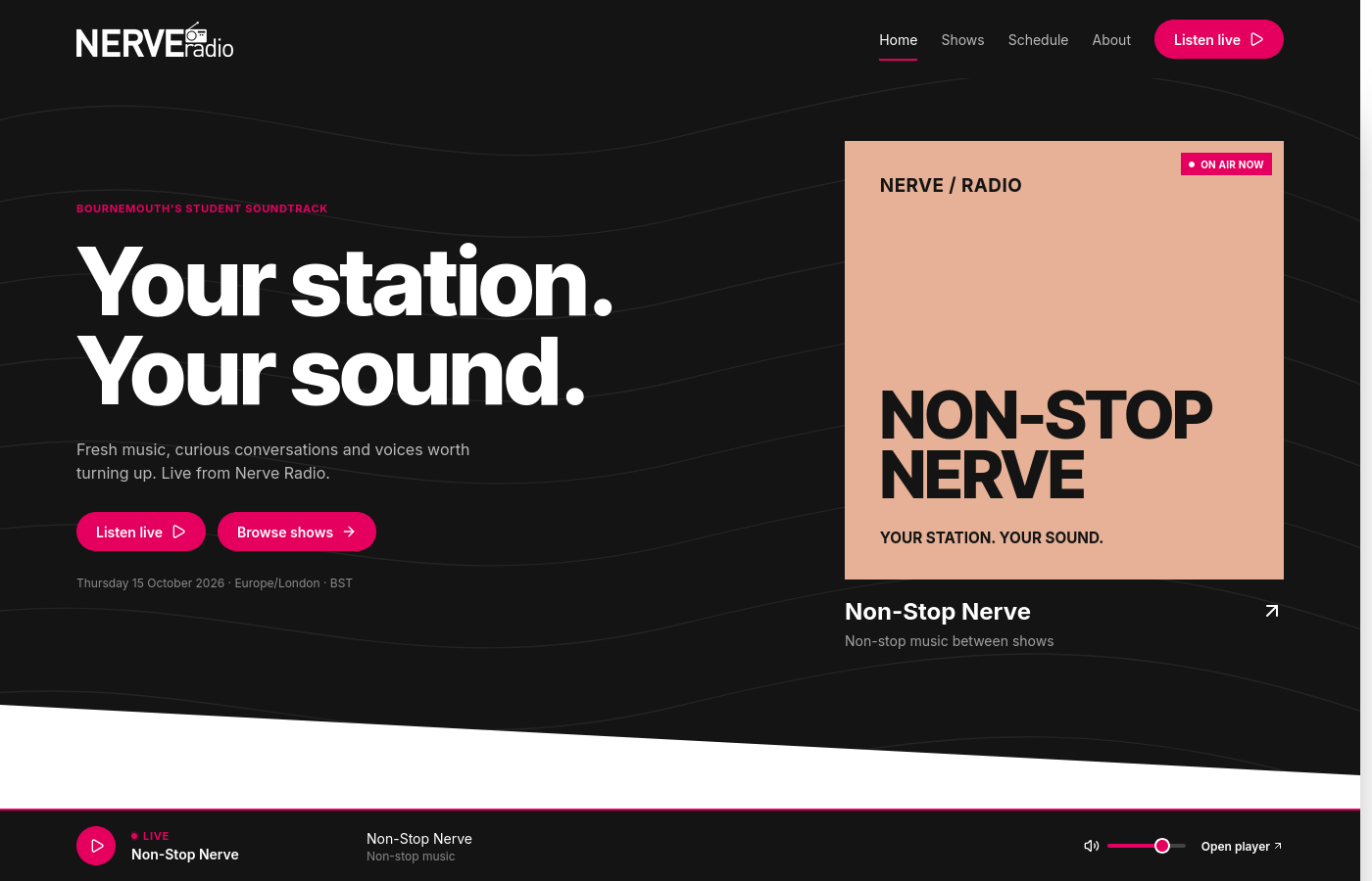 The home page between shows: the sustainer, Non-Stop Nerve, stands in for a show, and the player bar stays docked at the bottom